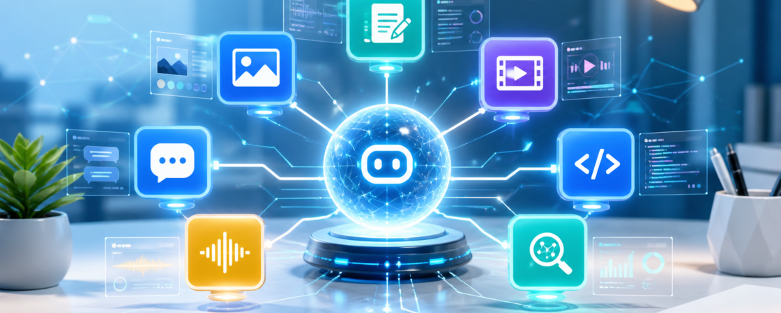 Illustration of seven practical AI tools connected around a central AI assistant hub
