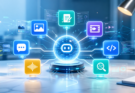 Illustration of seven practical AI tools connected around a central AI assistant hub
