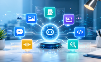 Illustration of seven practical AI tools connected around a central AI assistant hub