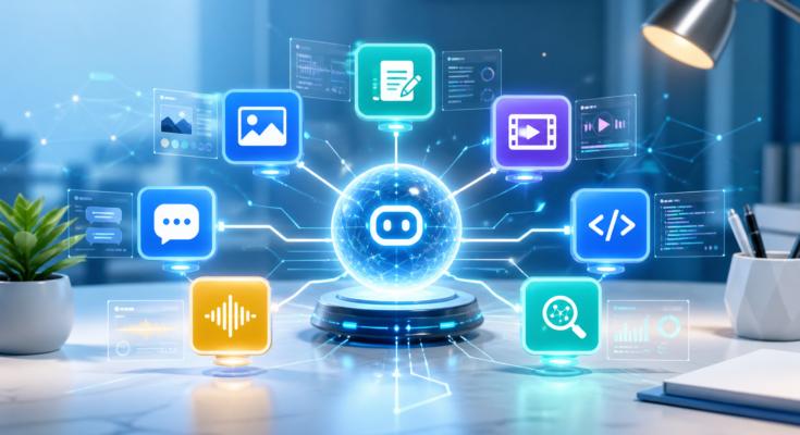 Illustration of seven practical AI tools connected around a central AI assistant hub